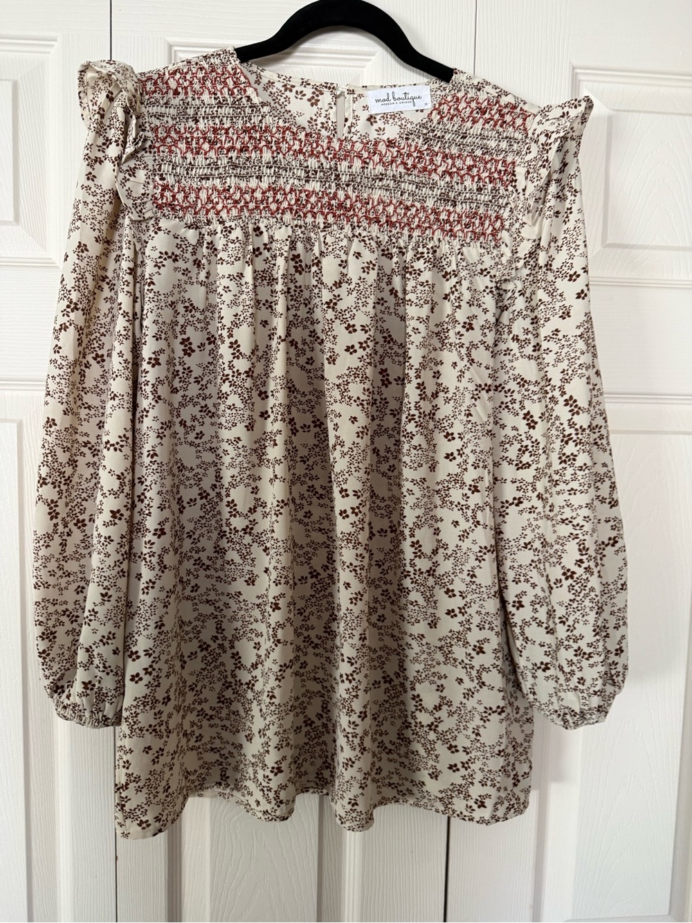 Mod Boutique Cream Floral Smocked Yoke Top with Rust Accents